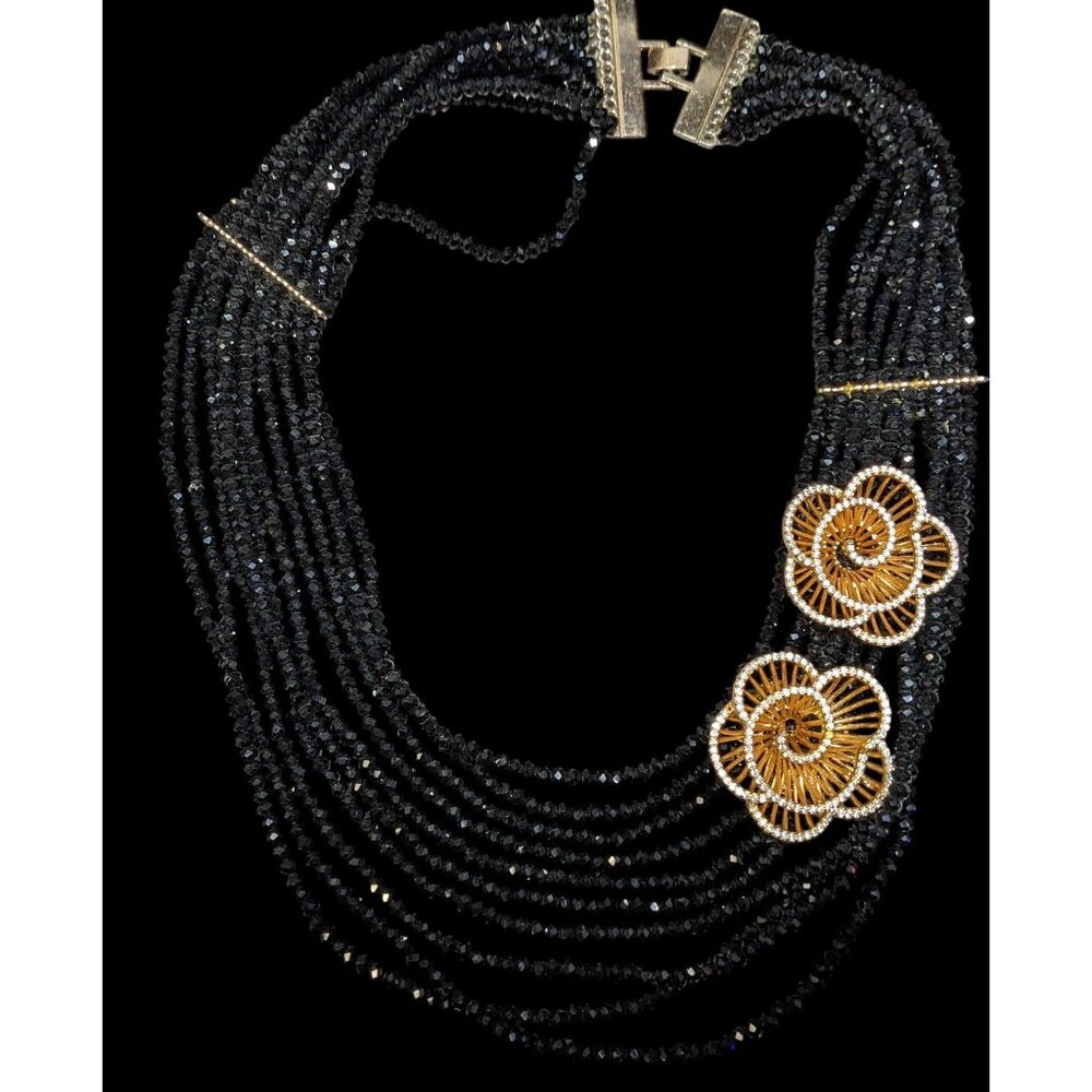 Vintage Glam Layered Black Glass Necklace With Gold Tone Flower Accents